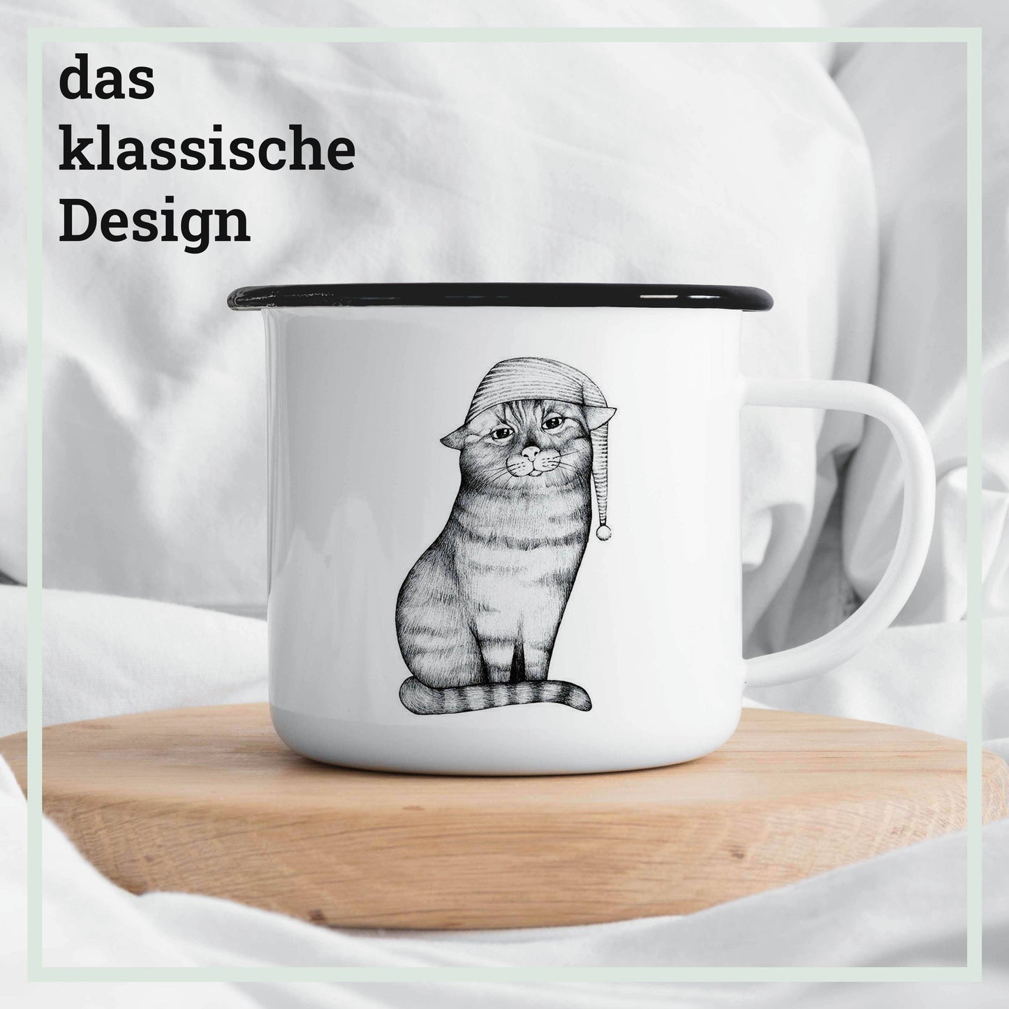 Emailletasse mit Katze "Schlummermieze"