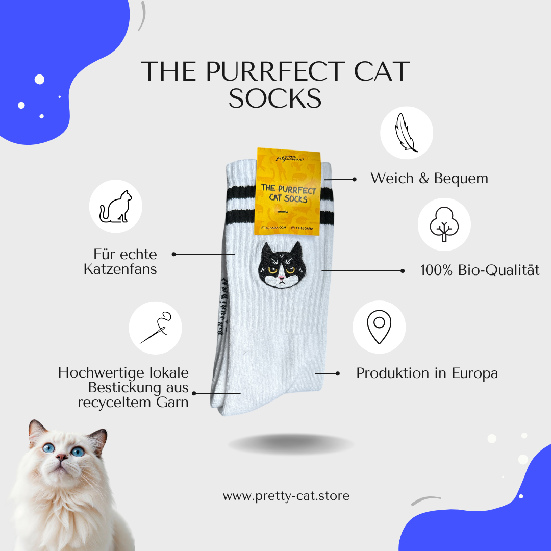 Bestickte Socken mit Katze: Mieze Motzig – die grummeligste Socke der Stadt