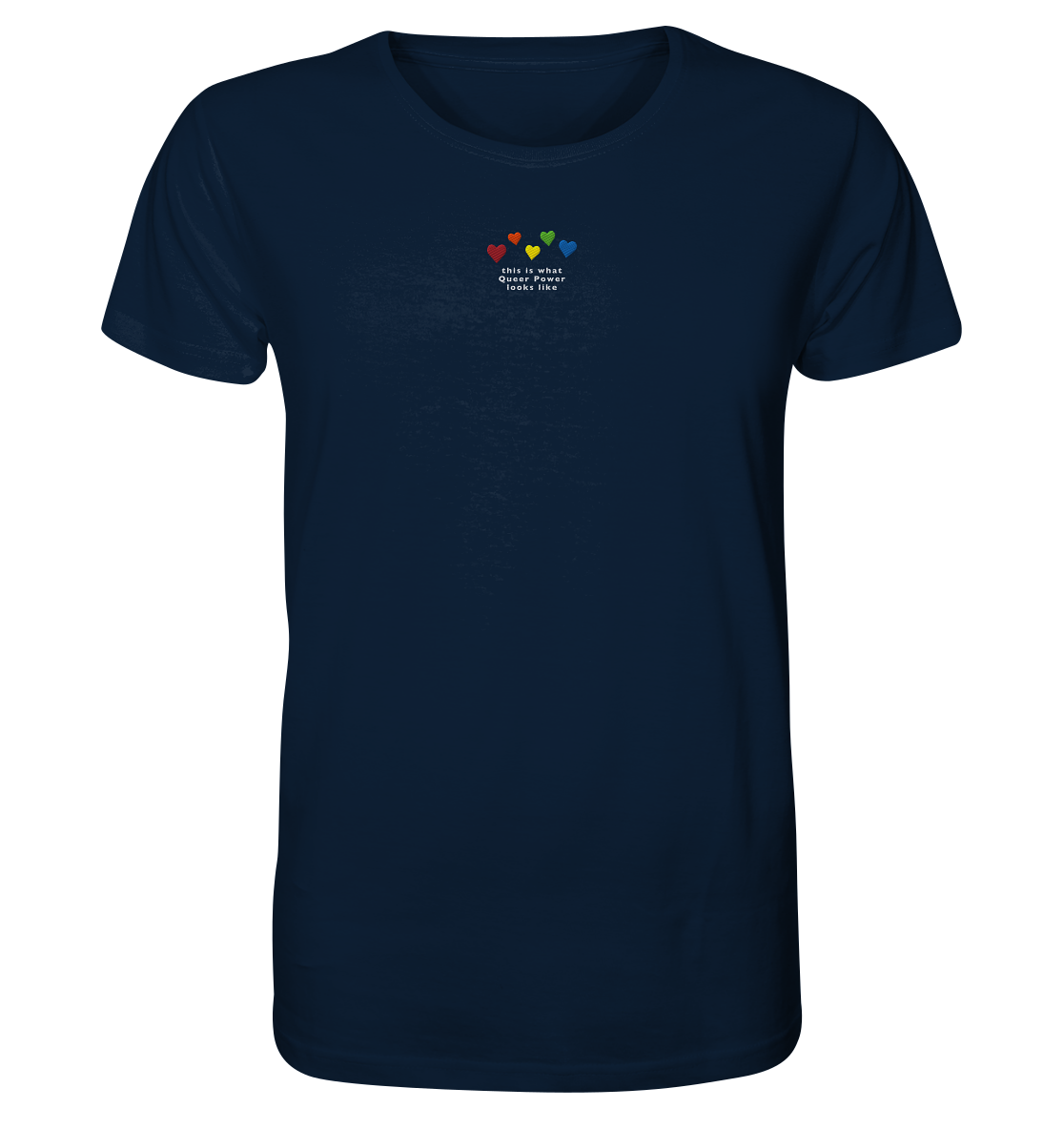 Pride T-Shirt bestickt mit Herzen in den Farben des Regenbogens sowie Statement-Spruch