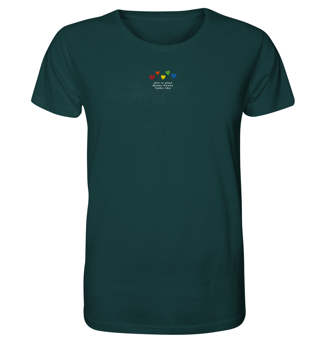 Pride T-Shirt bestickt mit Herzen in den Farben des Regenbogens sowie Statement-Spruch