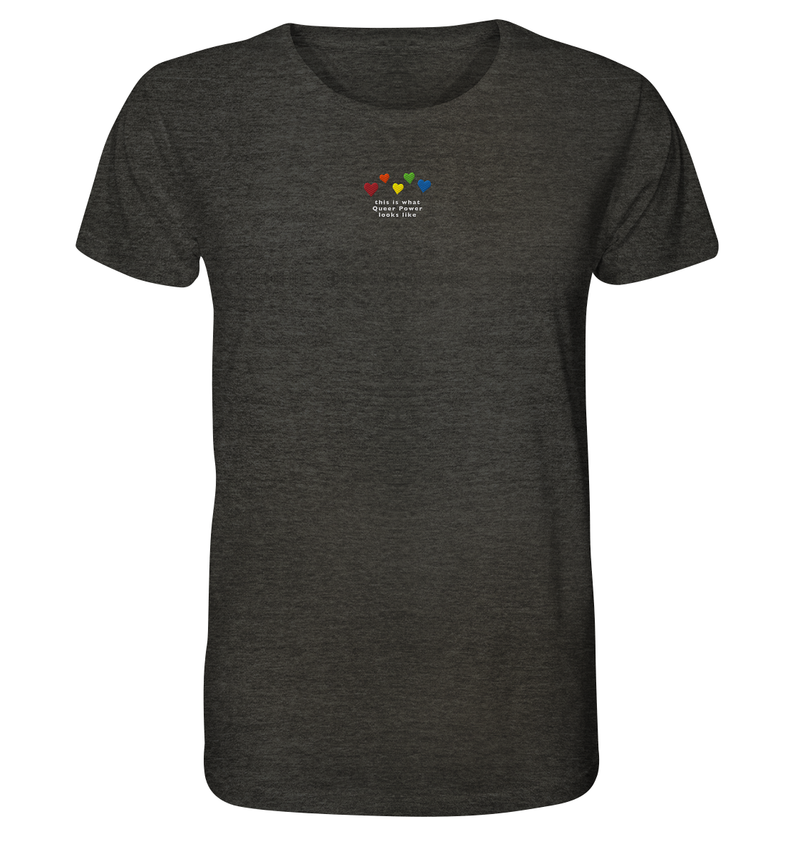 Pride T-Shirt bestickt mit Herzen in den Farben des Regenbogens sowie Statement-Spruch