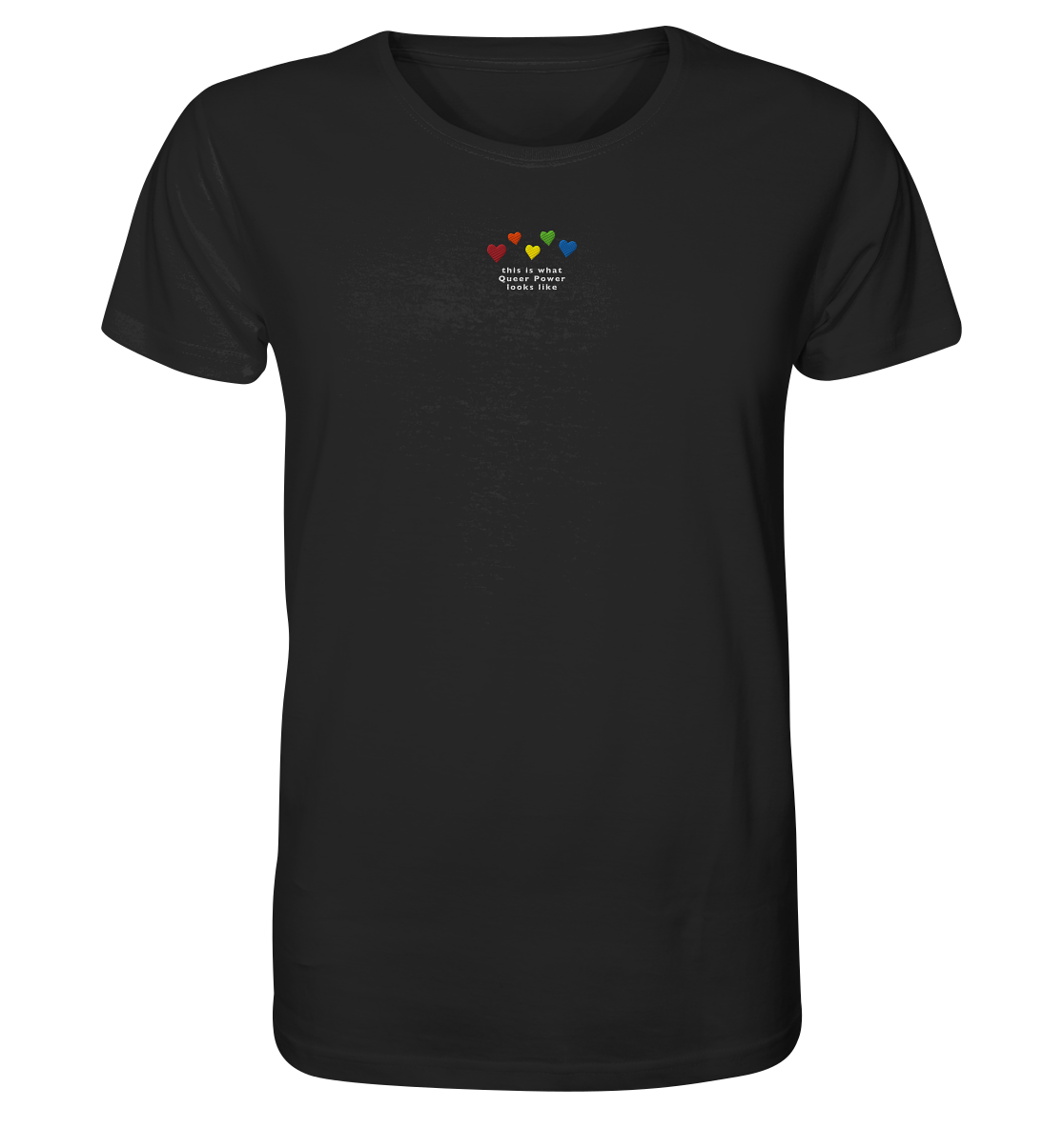 Pride T-Shirt bestickt mit Herzen in den Farben des Regenbogens sowie Statement-Spruch