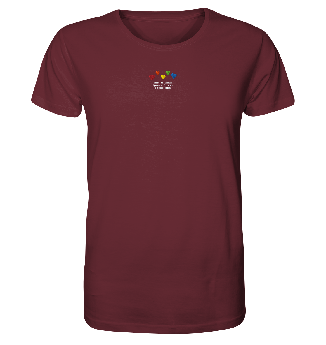 Pride T-Shirt bestickt mit Herzen in den Farben des Regenbogens sowie Statement-Spruch
