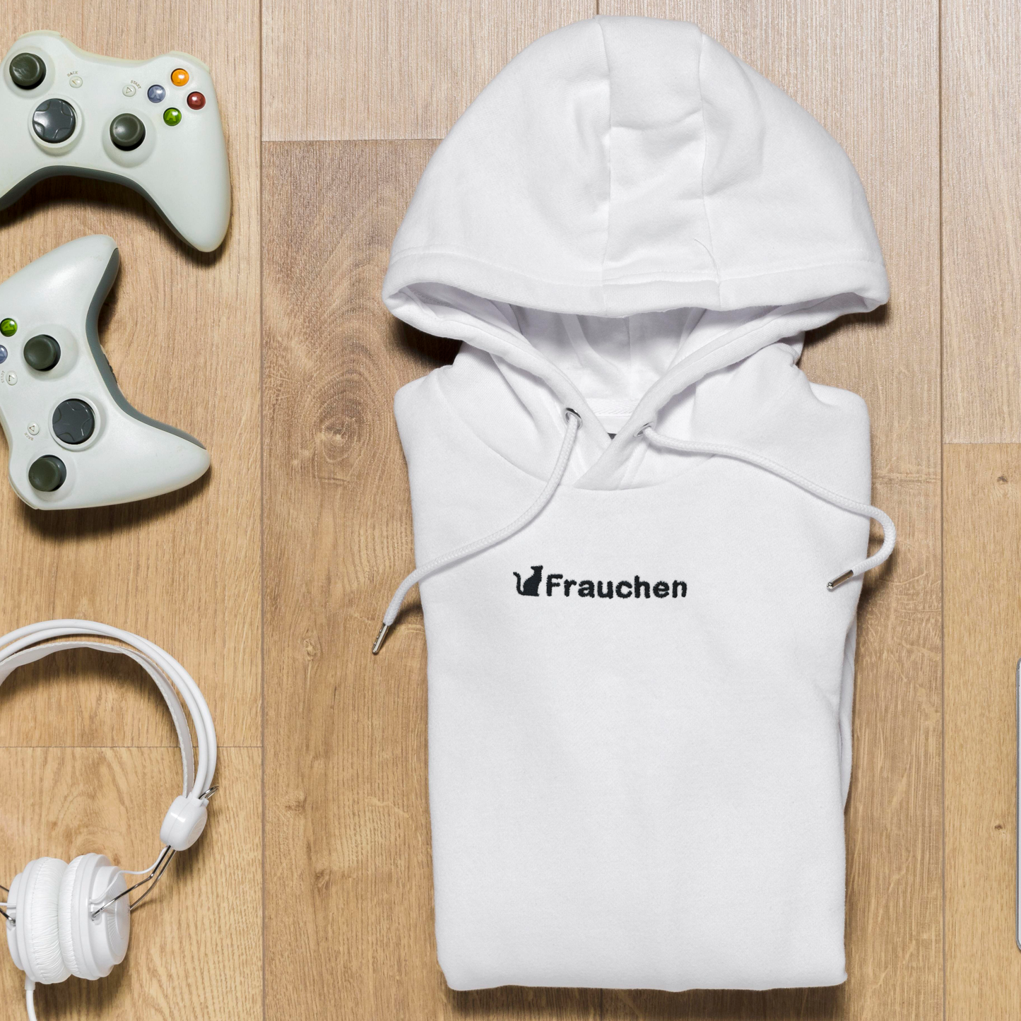 Bestickter Hoodie mit Katze und dem Spruch "Frauchen" für Damen