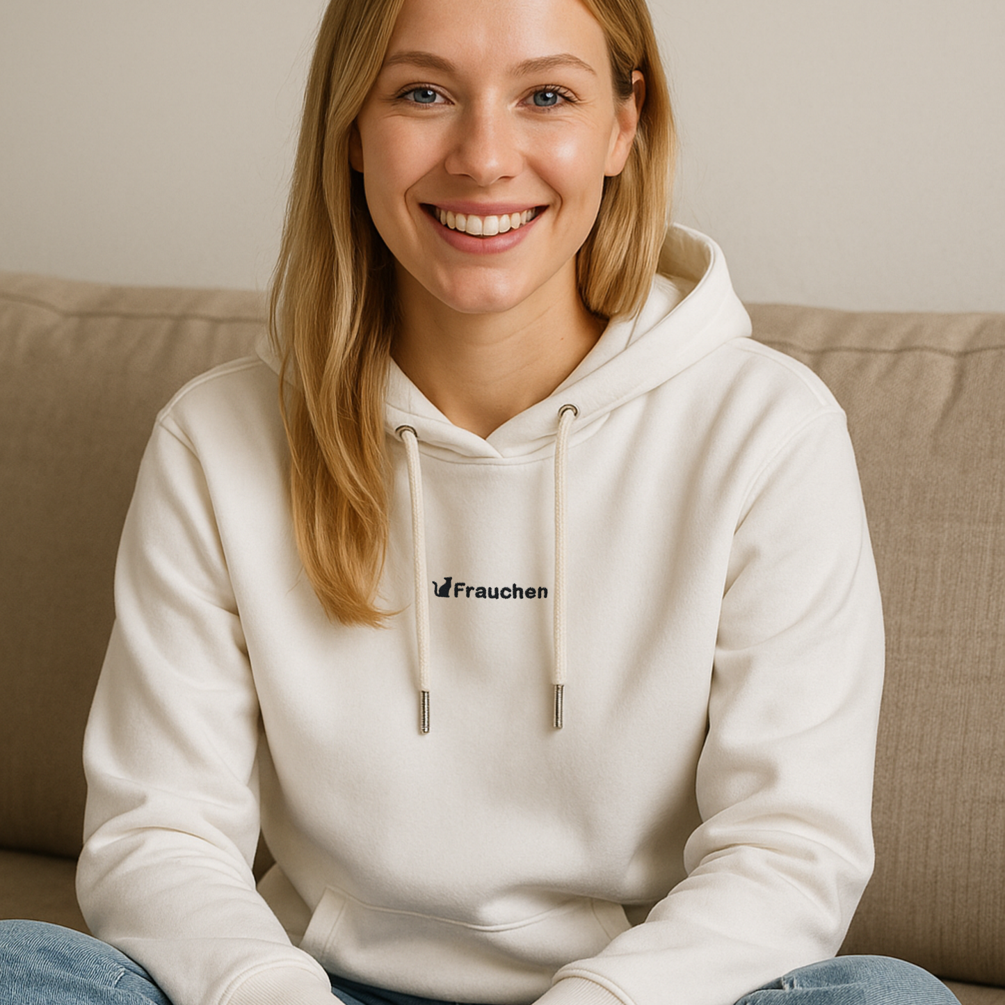 Junge Frau mit weißem Hoodie bestickt mit Katze und dem Spruch "Frauchen"
