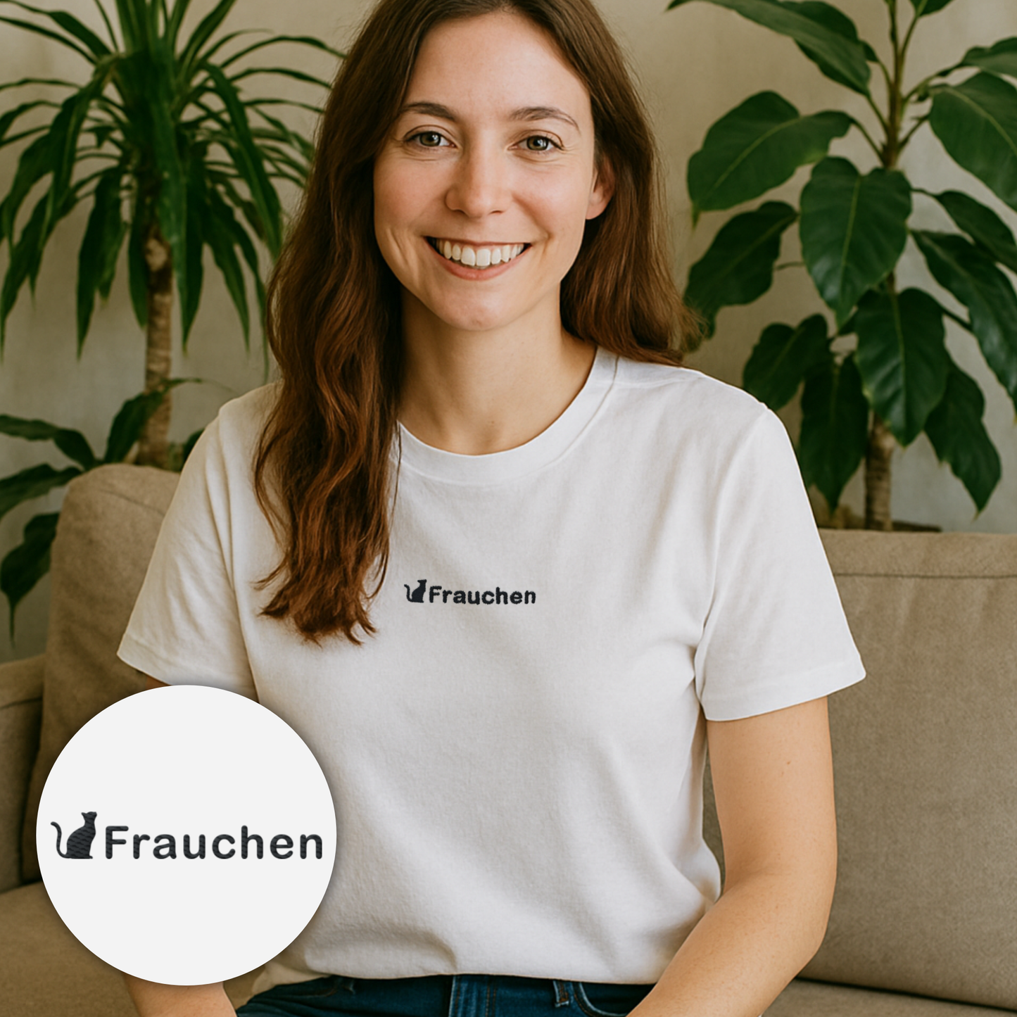 Besticktes T-Shirt mit Katze & Statement "Frauchen"