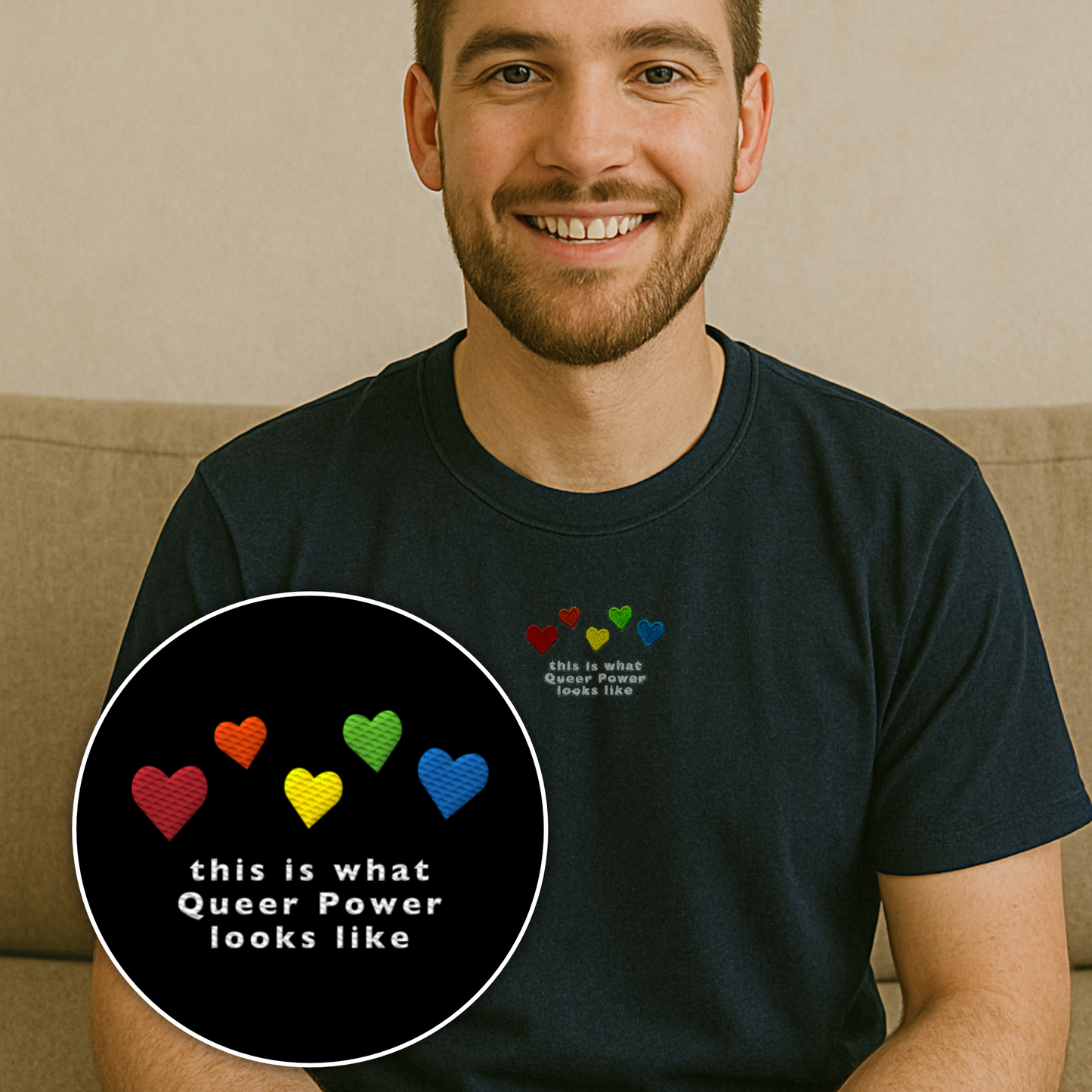 Pride T-Shirt bestickt mit Herzen in den Farben des Regenbogens sowie Statement-Spruch