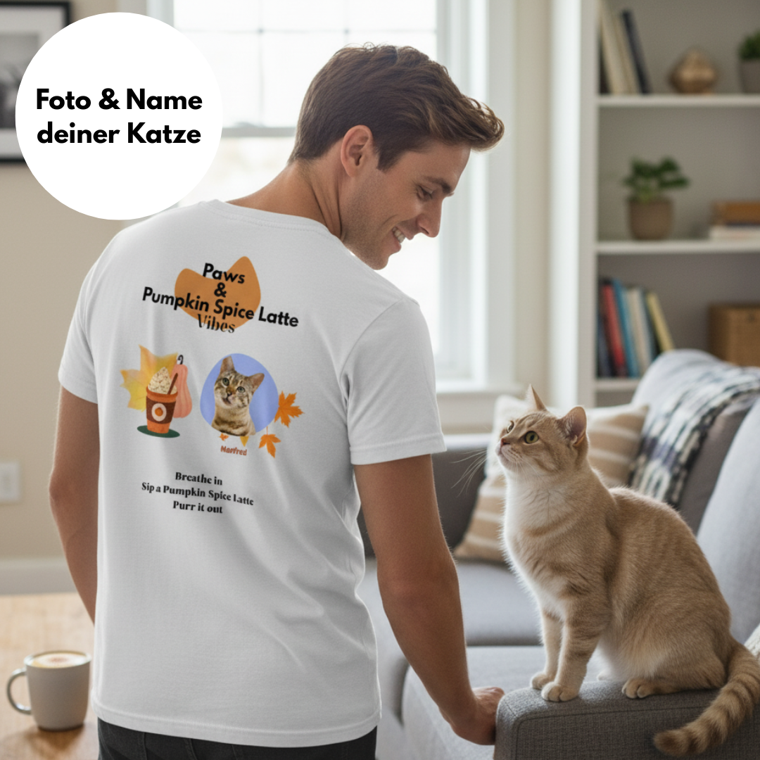 Paws & Pumpkin Spice Latte Vibes - Personalisierbares T-Shirt mit Katze