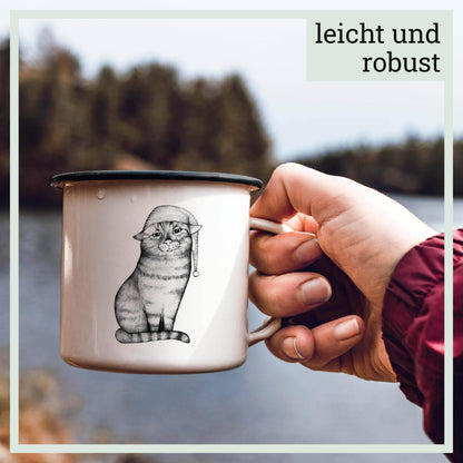 Emailletasse mit Katze "Schlummermieze"