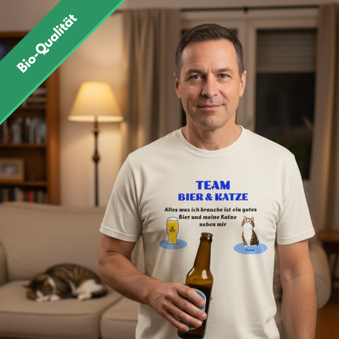 Team Bier & Katze - Personalisierbares Unisex T-Shirt in Bio-Qualität