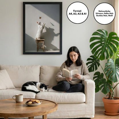 Poster inklusive Rahmen (Wandbild) - Pures Glück: Elegante Jägerin unter der Sonne Ibizas