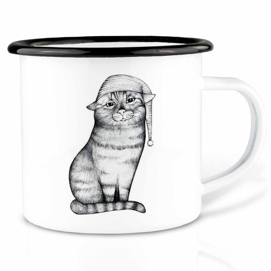 Emailletasse mit Katze "Schlummermieze"