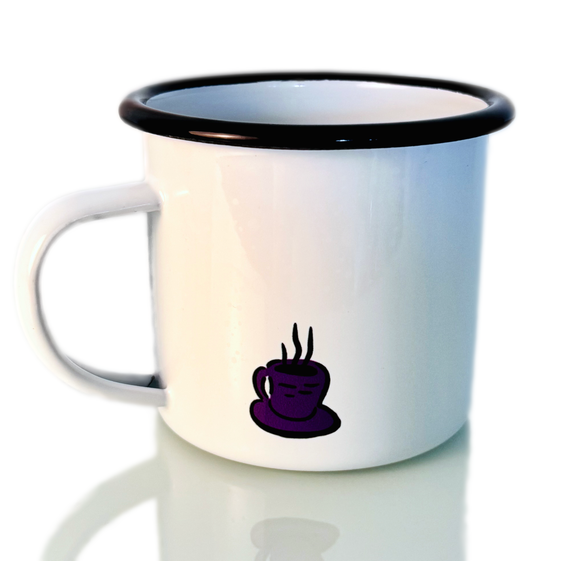 emaileetasse mit katze und lustigem spruch "coffee in purrfection" und kaffeetasse auf der rückseite