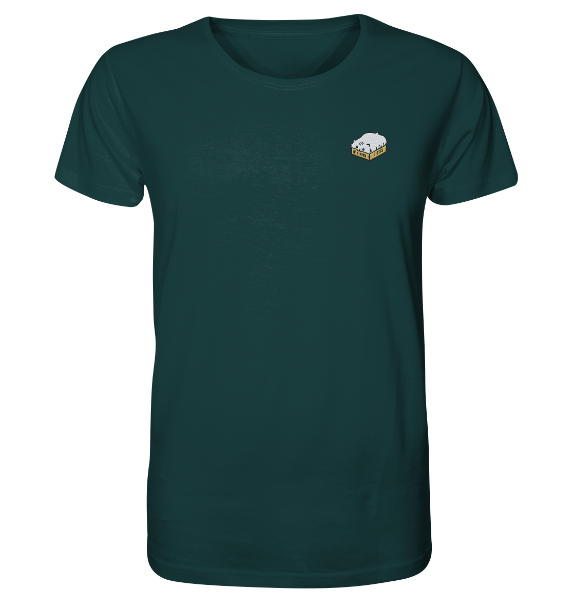 T-Shirt bestickt mit Katzenmotiv aus Bio-Baumwolle - Fette Katze im Karton - Es passt immer!