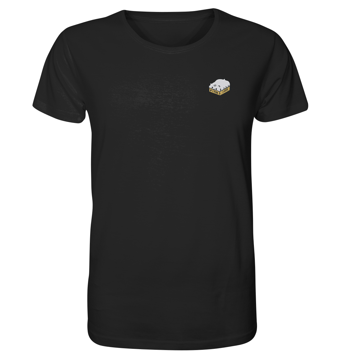 T-Shirt bestickt mit Katzenmotiv aus Bio-Baumwolle - Fette Katze im Karton - Es passt immer!
