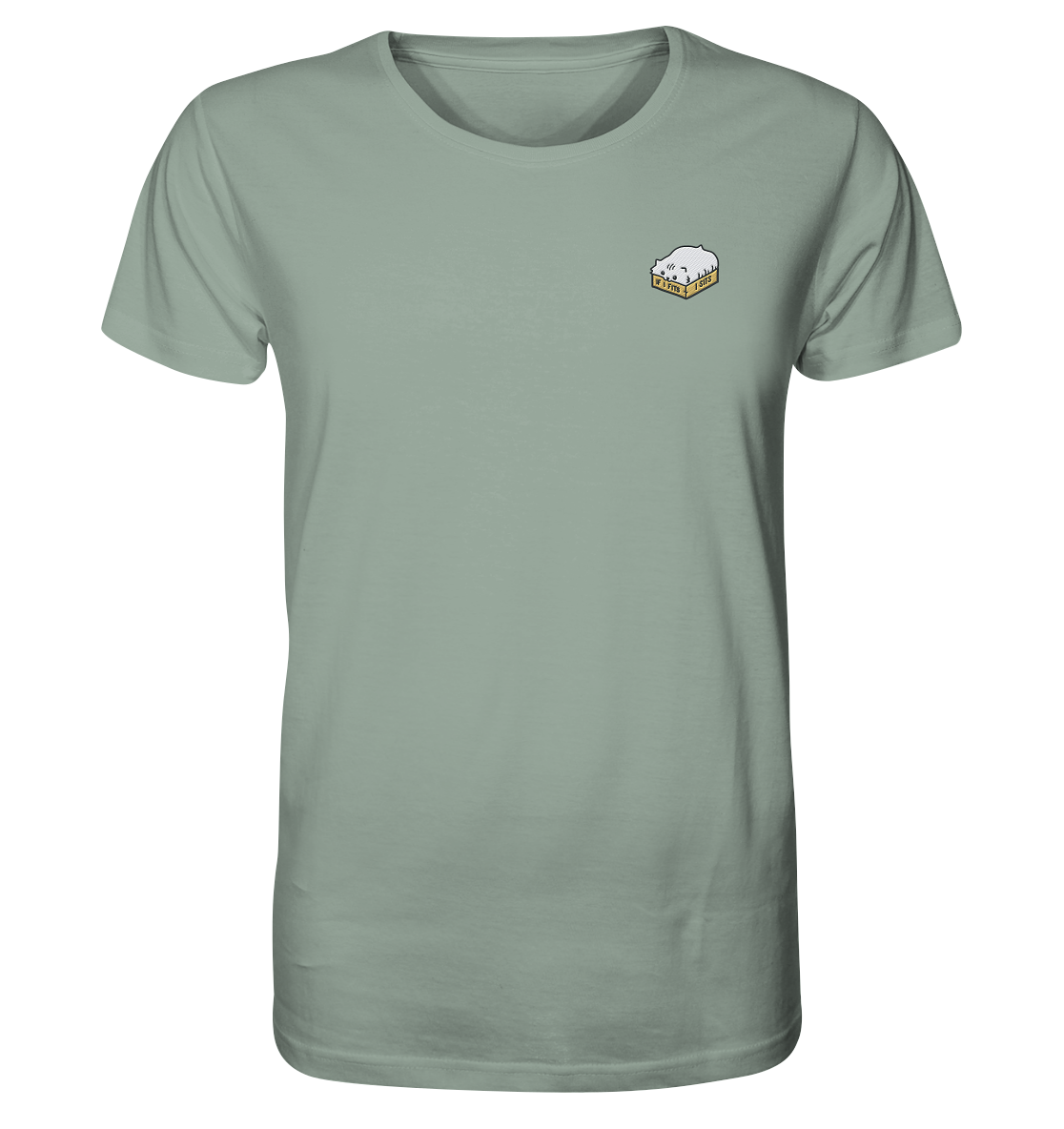 T-Shirt bestickt mit Katzenmotiv aus Bio-Baumwolle - Fette Katze im Karton - Es passt immer!