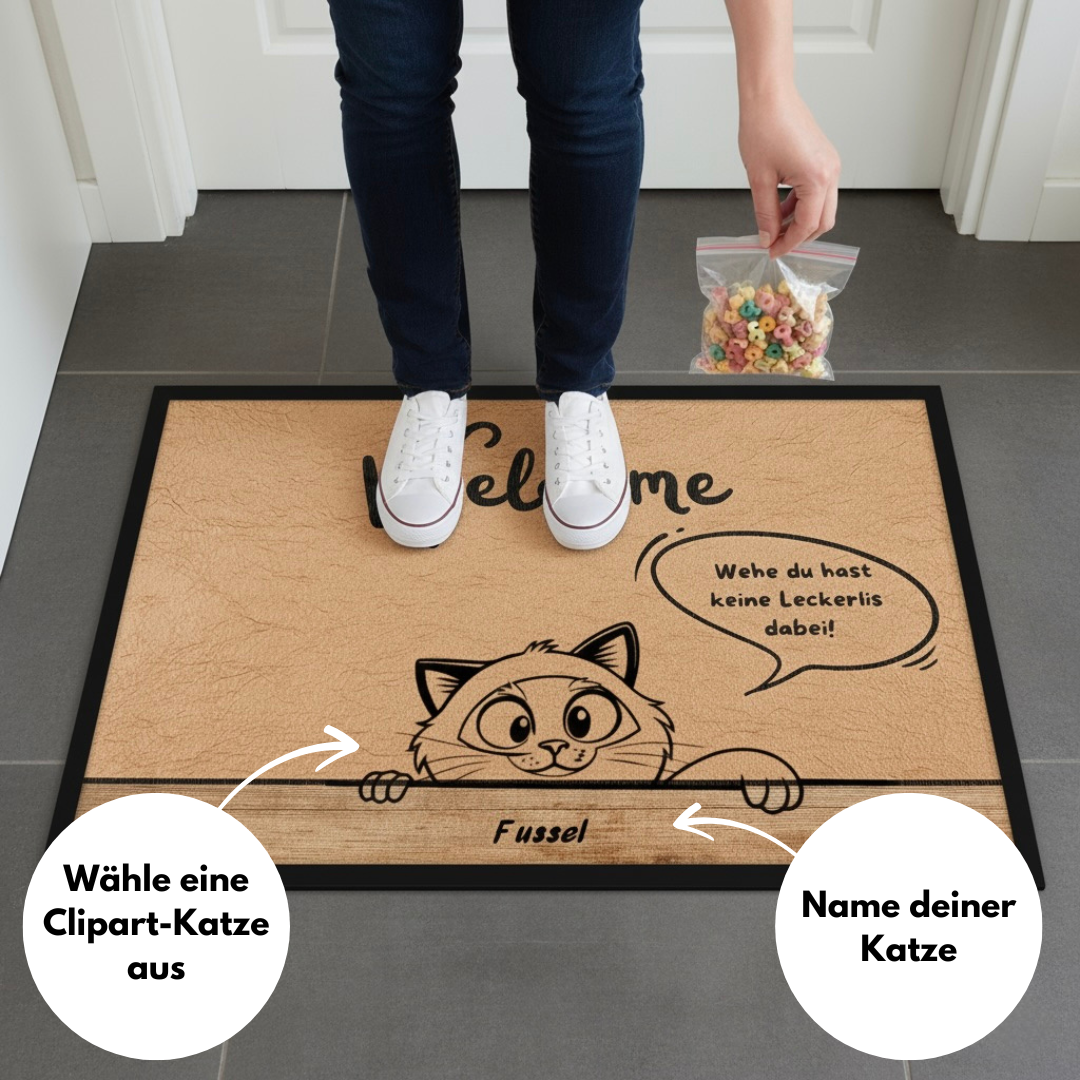 Fußmatte "Welcome" mit personalisierbarer Clipart-Katze