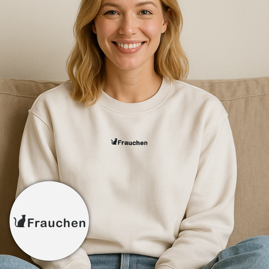 Bestickter Pullover mit Katze und dem Spruch "Frauchen"