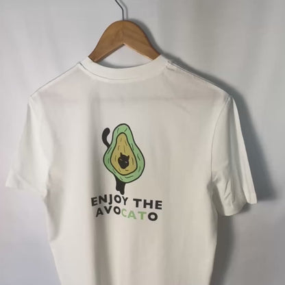 t shirt mit katze und avocado auf der rückseite und lustigem spruch "enjoy the avocato" 