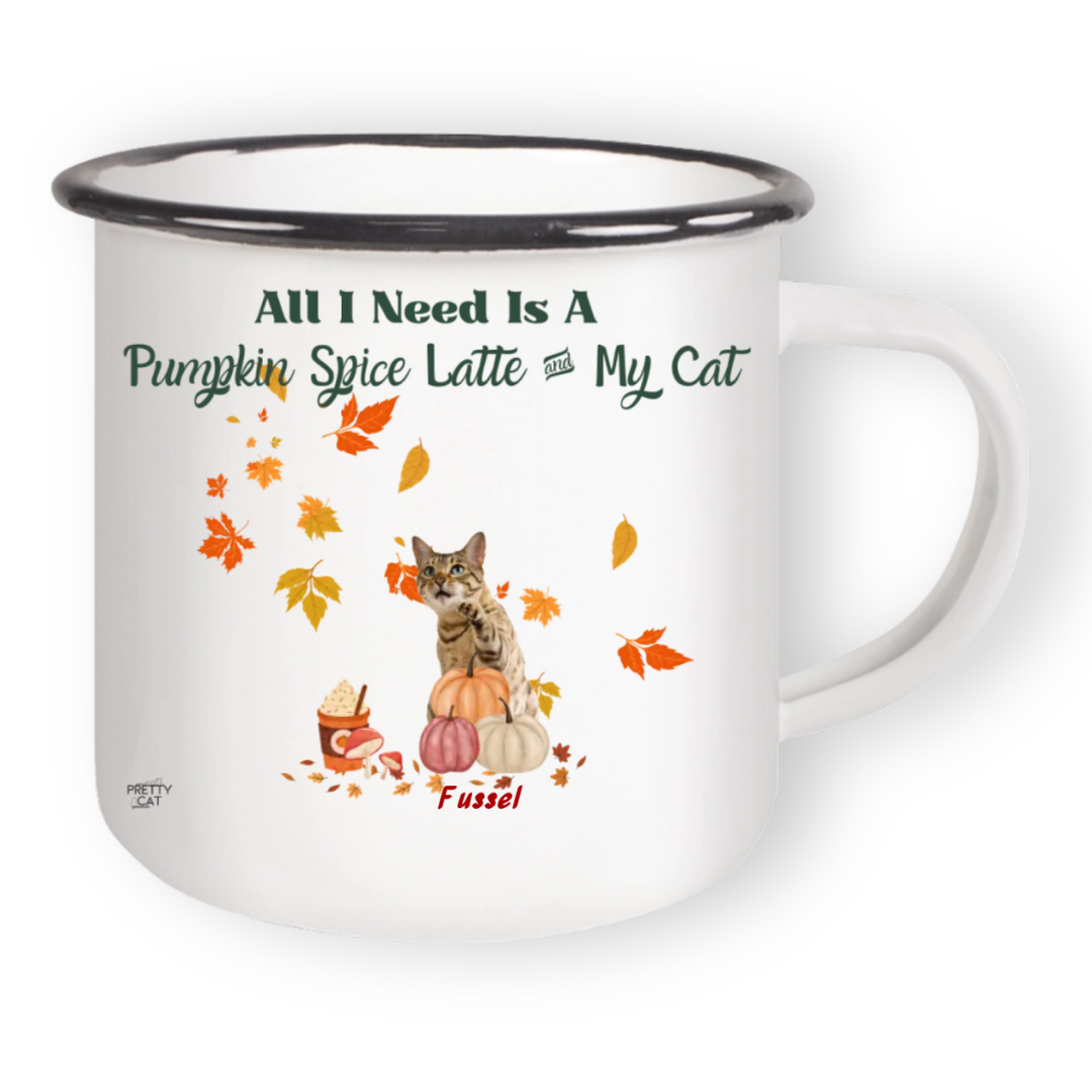 Emailletasse Pumpkin Spice Latte personalisierbar mit Katze