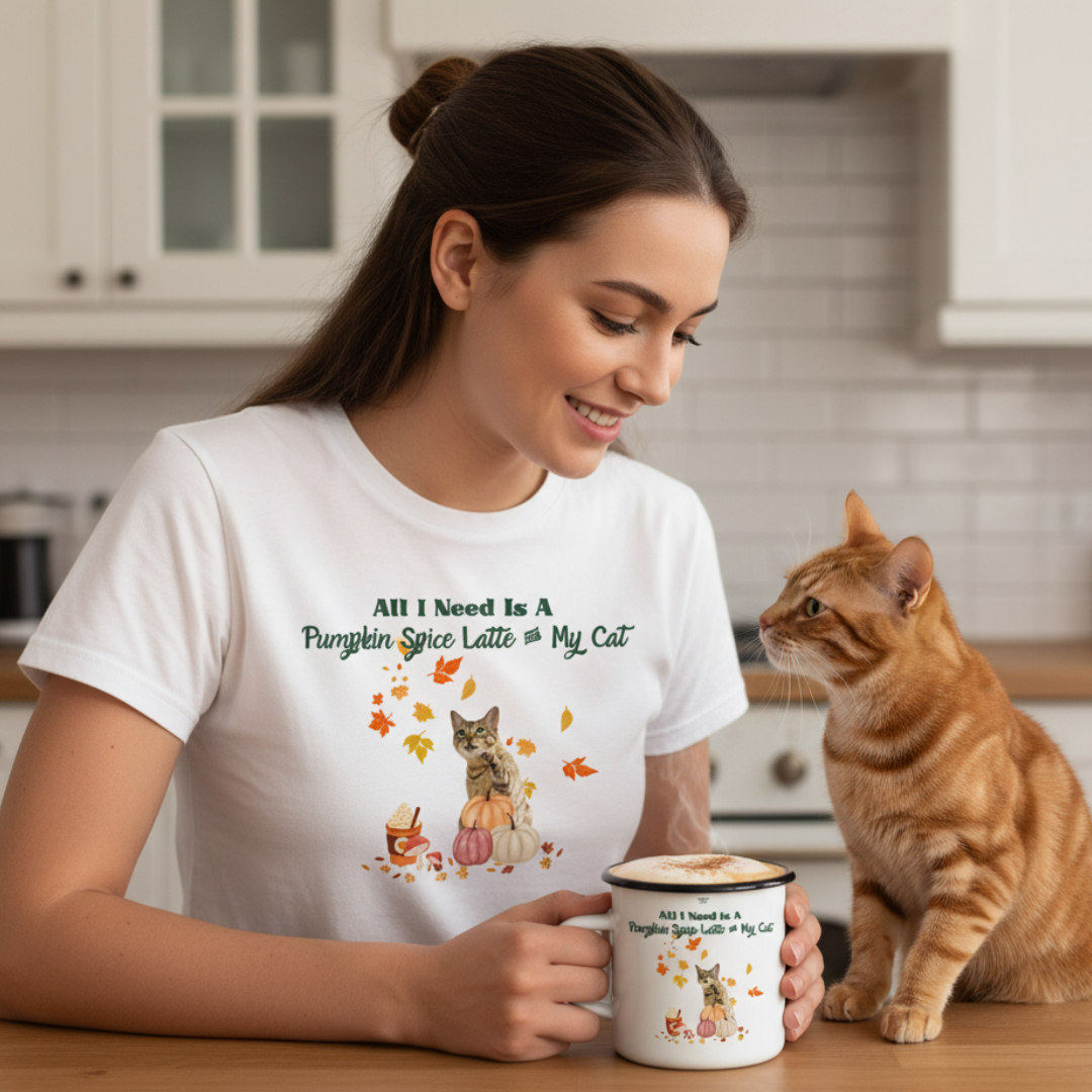 Emailletasse Pumpkin Spice Latte personalisierbar mit Katze