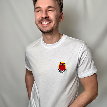 Besticktes Statement T-Shirt "WITHOUT MY CAT WITHOUT ME" aus Bio-Baumwolle