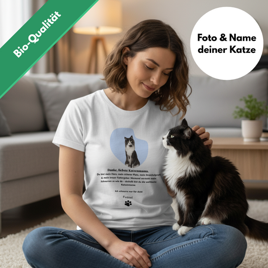 T-Shirt für Damen - "Danke, liebste Katzenmama!" personalisierbar mit Katze in Bio-Qualität