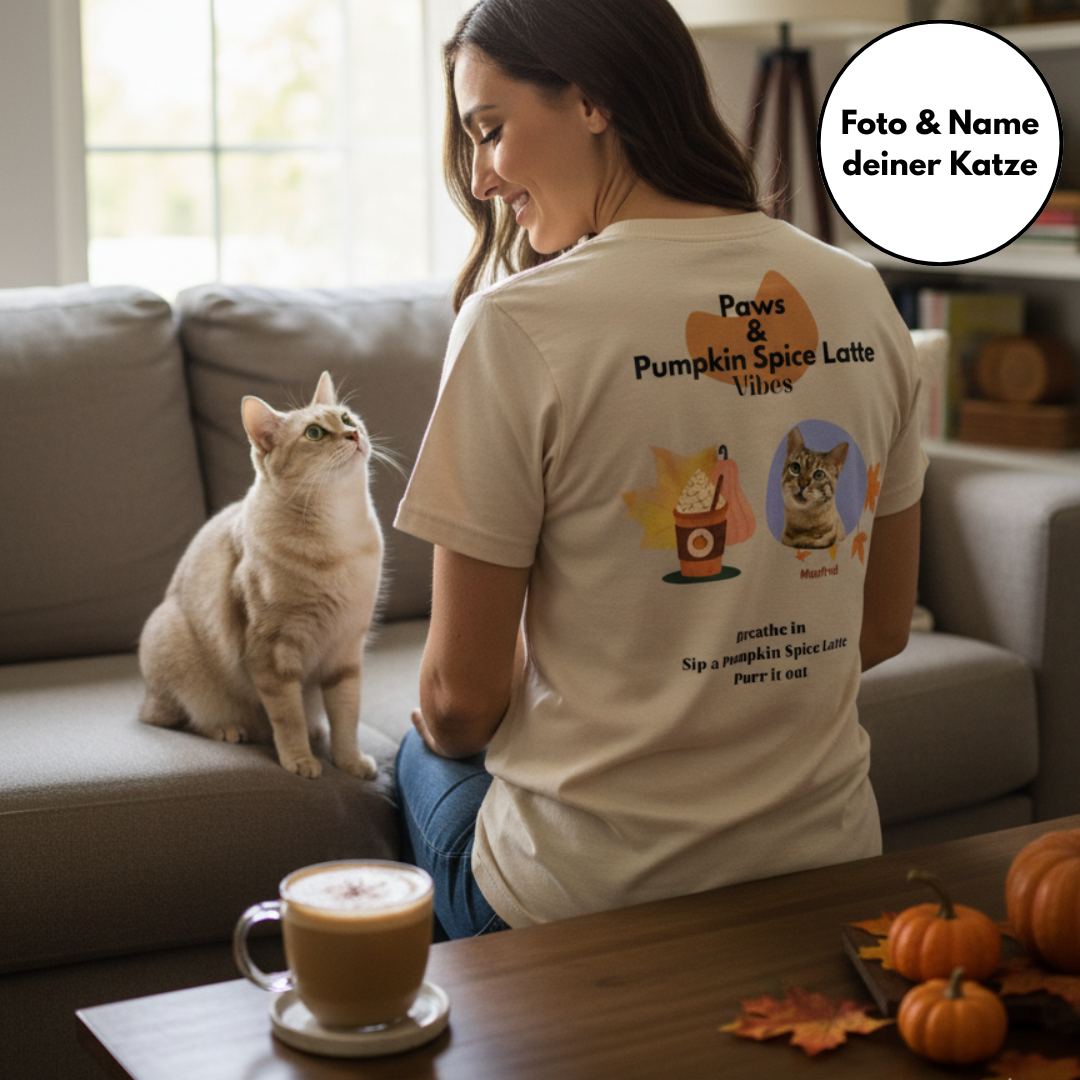 Paws & Pumpkin Spice Latte Vibes - Personalisierbares T-Shirt mit Katze
